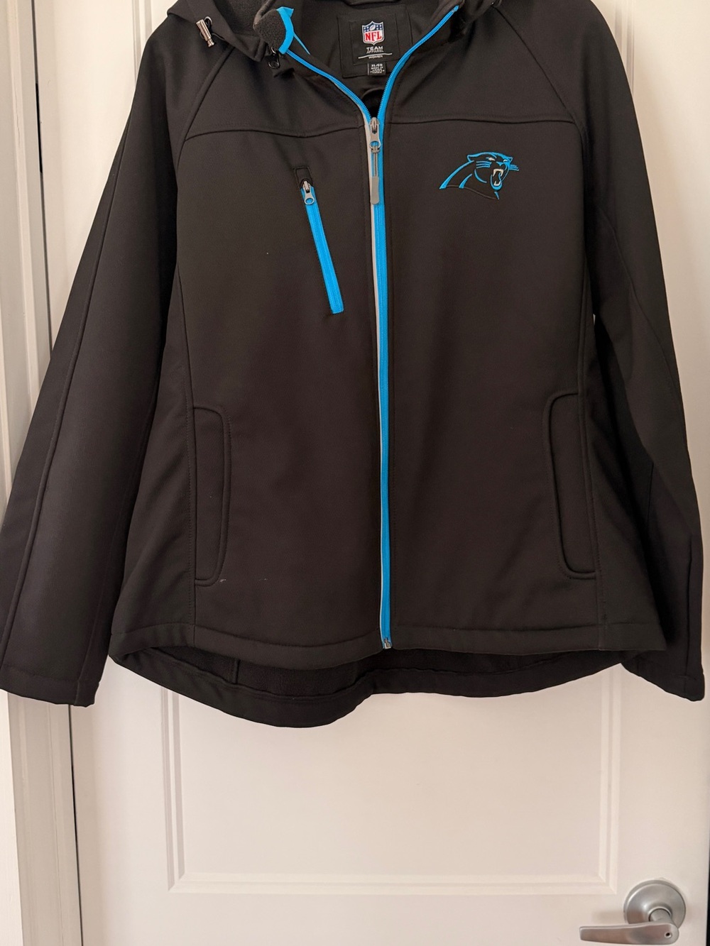 NFL ladies Black Jacket with Blue Trim and Carolina Panthers Logo